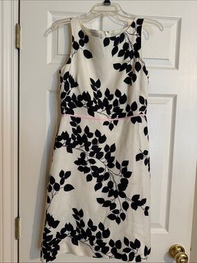 Sleeveless Black & White Leaf Print Dress with Pink Waist Trim